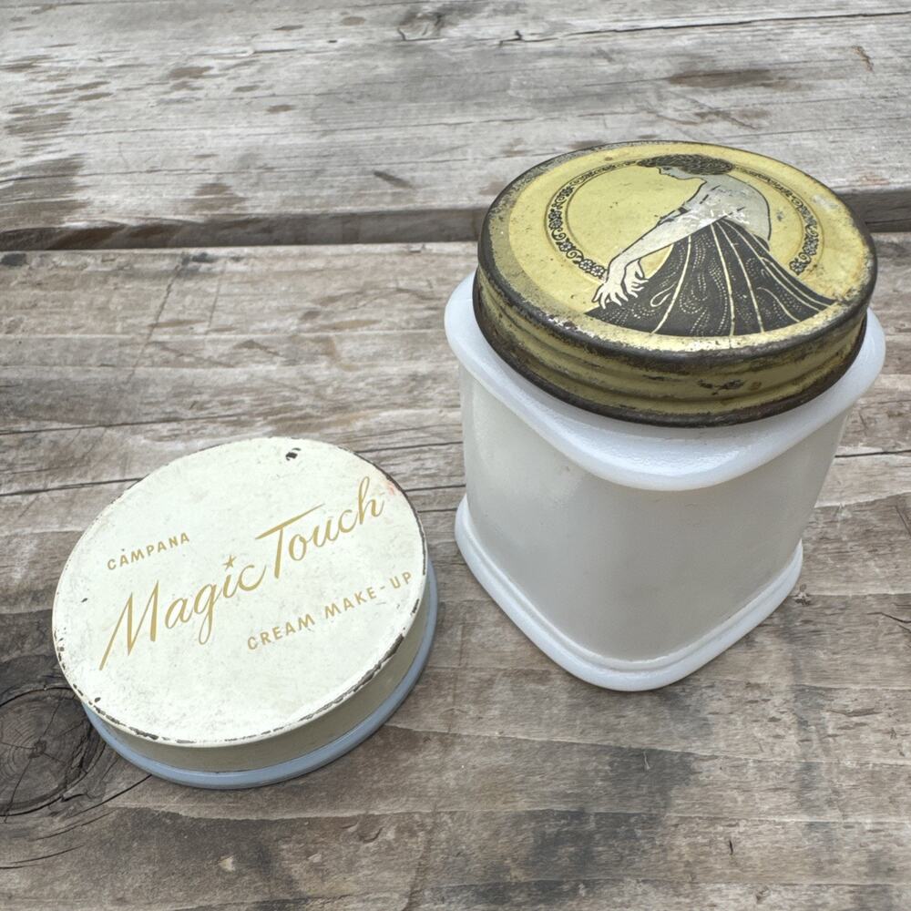 Two Antique Empty Cold Cream Milk Glass Jars Art Deco Repurpose for Vanity